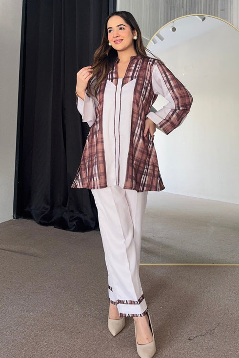 White Brown Winter Kurta Set